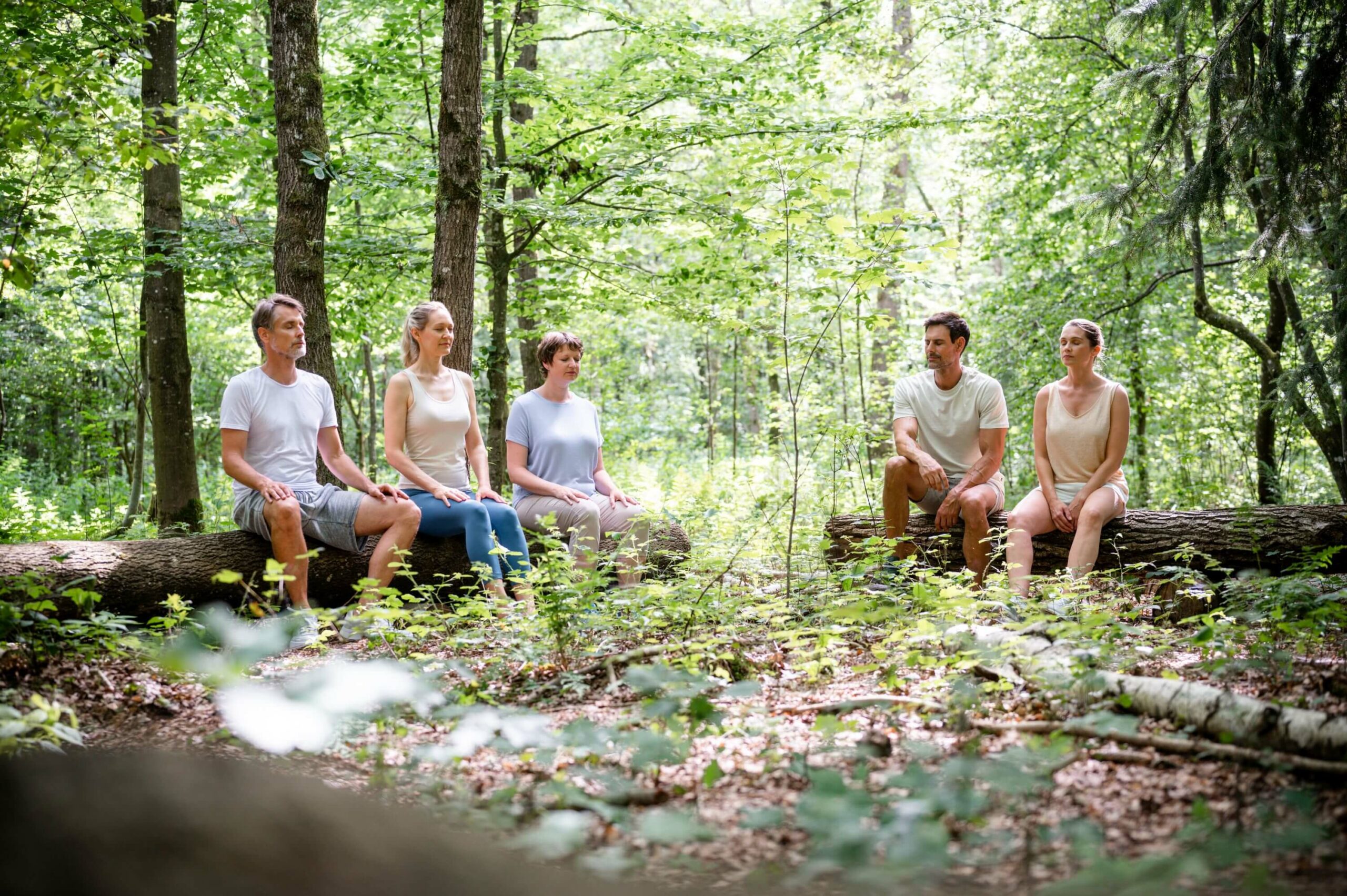 Personen im Wald am Meditieren